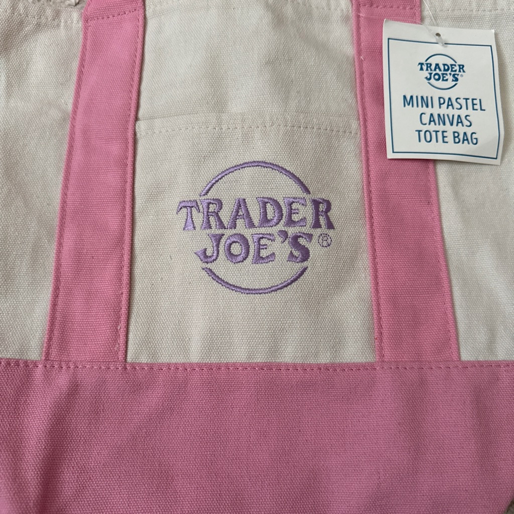 Unisex NWT Trader Joe's Mini Pastel Canvas Tote Bag Beige Pink - Picture 2 of 7